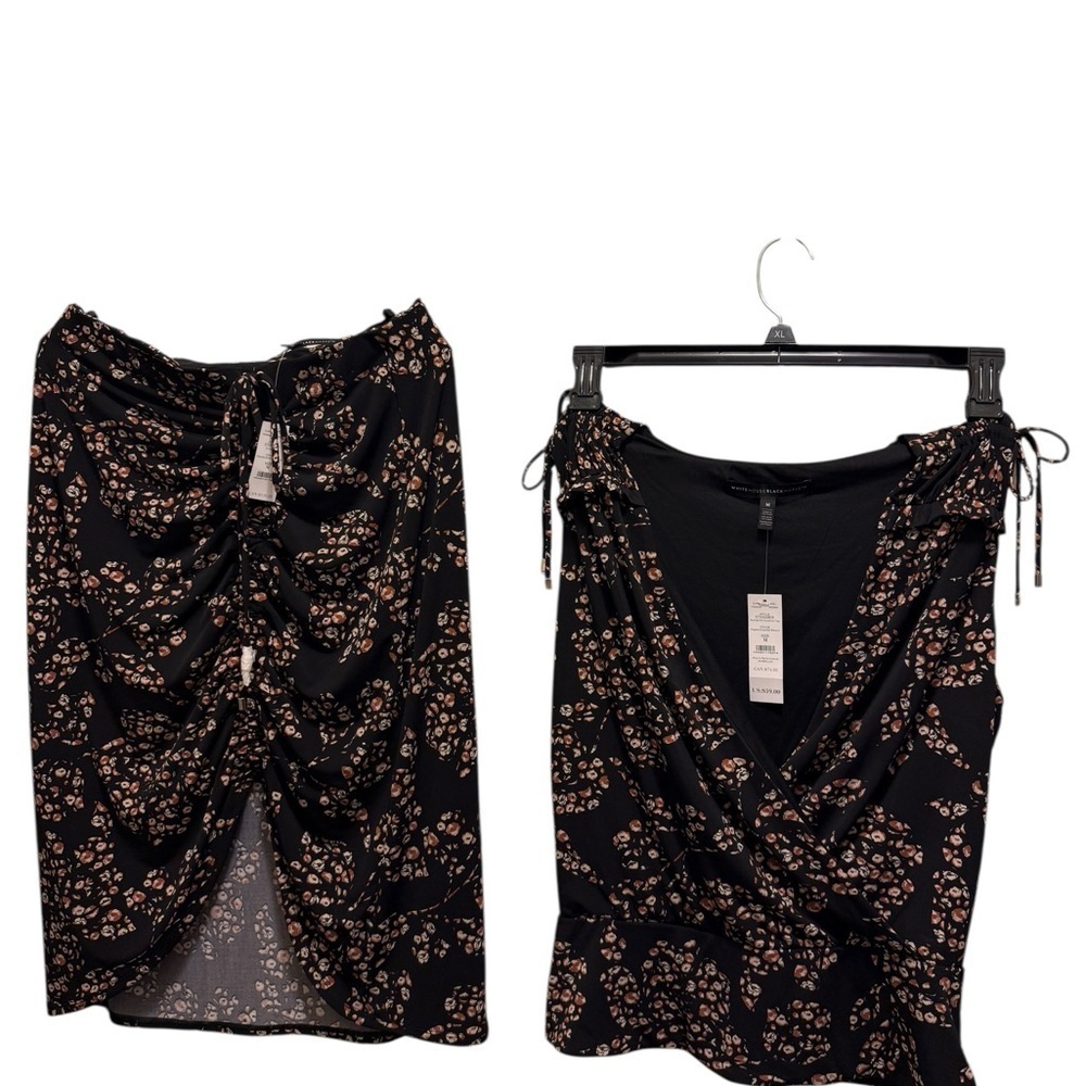 White House Black Market Black and Pink Ruched Pencil Skirt with matching top